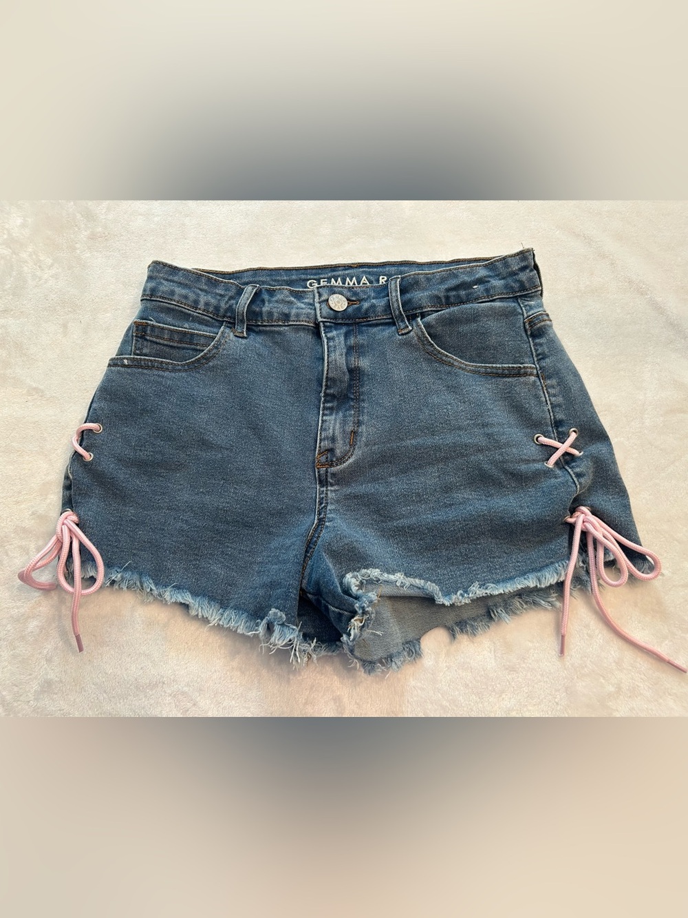 Gemma Rae Retro Wash High-Rise Denim Pink Lace-Up Cut Off Shorts Juniors Sz 9/29